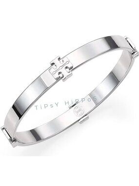Auth Tory Burch Silver Logo Stationary Kira Bangle Bracelet - 2966B